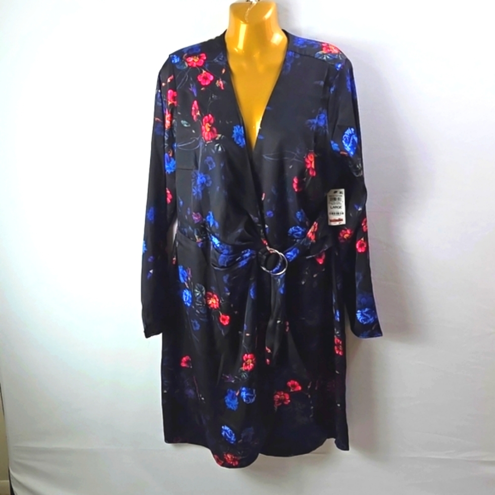 I.N.C. International Concepts Black Floral Print Faux-Wrap Long Sleeve Dress L